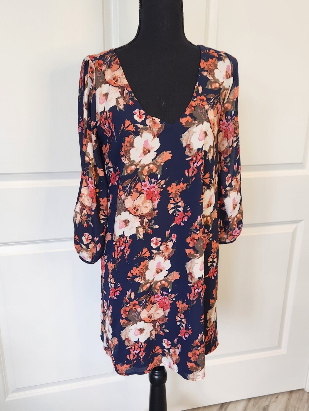 LuLus Shift Dress Navy Blue Floral Print Size S